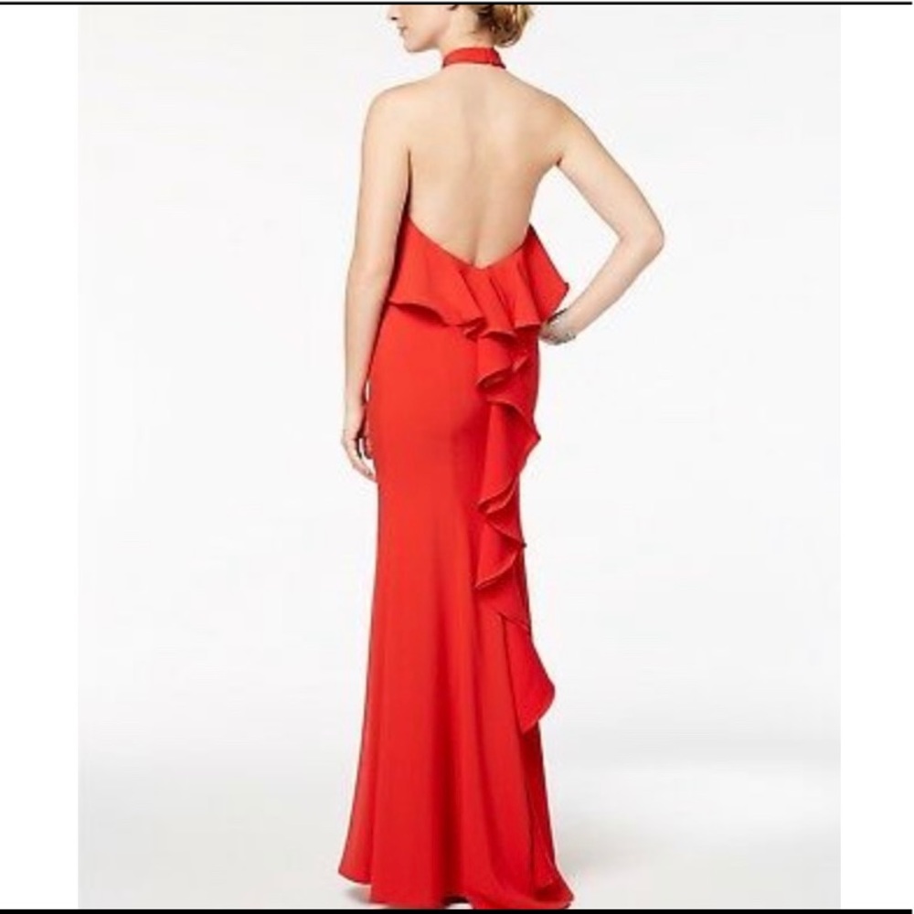 XSCAPE Floor Length Red Halter Ruffle Gown